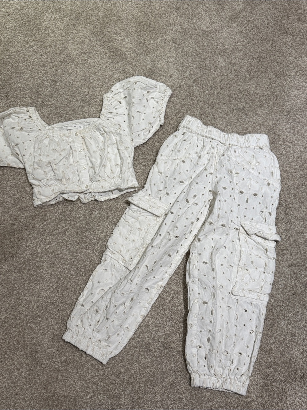 Zara White Eyelet Crop Top and Cargo Pants Set